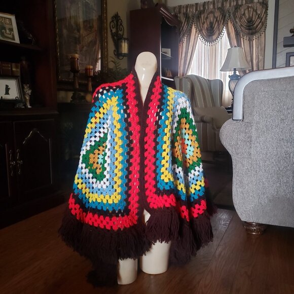 Vintage Crotchet Knitted Granny Square Blanket Poncho Shawl‎ Size One Size - Picture 1 of 8